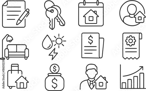 Real estate management and property rental outline icons