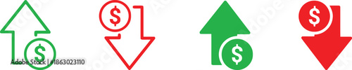 Real estate price movement icons featuring green up arrow and red down arrow with dollar sign