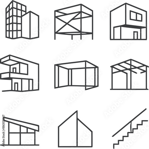 Set of construction blueprint icons showing various stages of building structure development