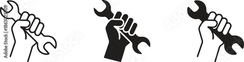 Set of wrench in hand line and glyph icon, spanner in hand vector art, linear style pictogram isolated on white background, repair tool icon