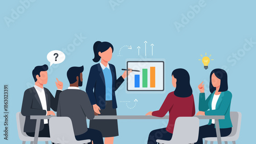 Businesswoman presenting data analysis to colleagues in modern office setting