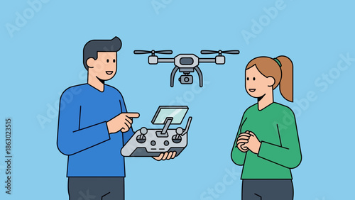 Man and woman operating drone with remote control together