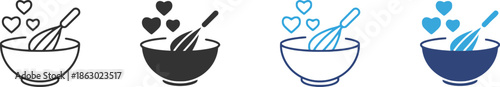 Baking icon with whisk bowl and hearts for cooking love