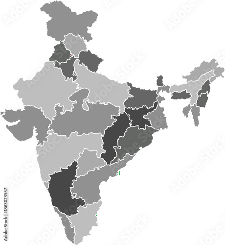 grey and black Vector Silhouette Map of India with Internal State Borders and Administrative Divisions