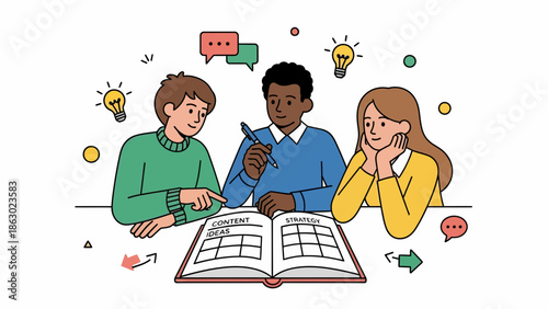 Diverse group of students planning content strategy together