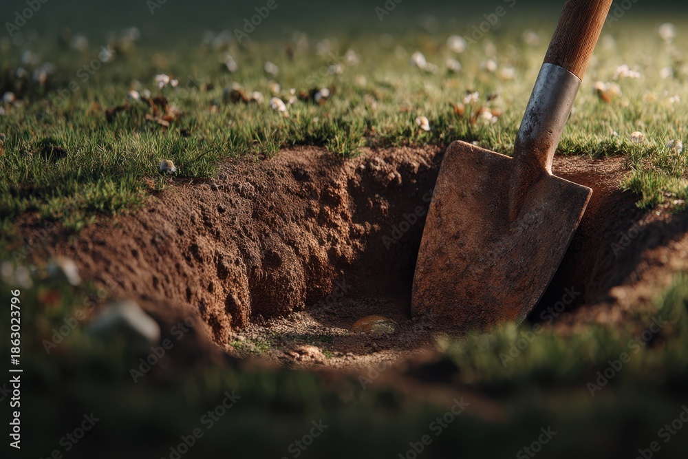 Fototapeta premium Ground Level Perspective: Exploring Buried Utilities with Shovel in Yard During Gardening