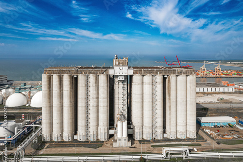 the large grain elevator in a seaport