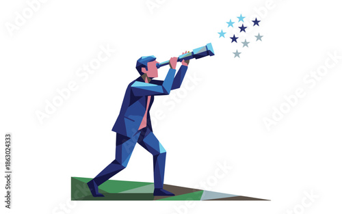 Businessman in blue suit looking through telescope at stars