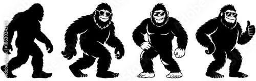 Bigfoot Sasquatch Character Set with Silhouette and Cartoon Version Wearing Sunglasses, Funny Animal Illustration Collection on white background, Bigfoot Silhouette Design Collection Vector