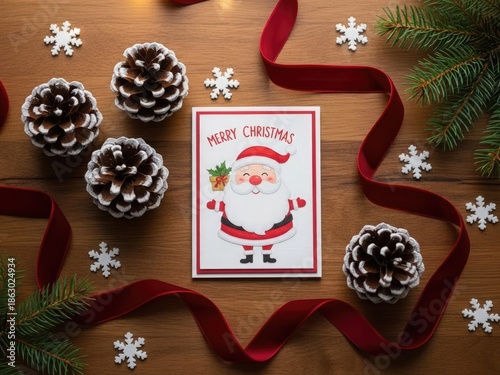 Merry christmas card with santa claus, pine cones, red ribbon, and snowflakes on wooden background, festive holiday decoration with Winter and Celebration
