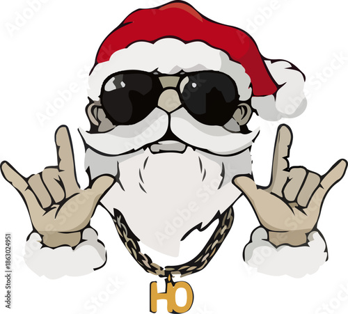 A modern and edgy illustration of a cool Santa Claus wearing a stylish “Ho” chain necklace and making a confident hand gesture, blending festive Christmas spirit with street style attitude.