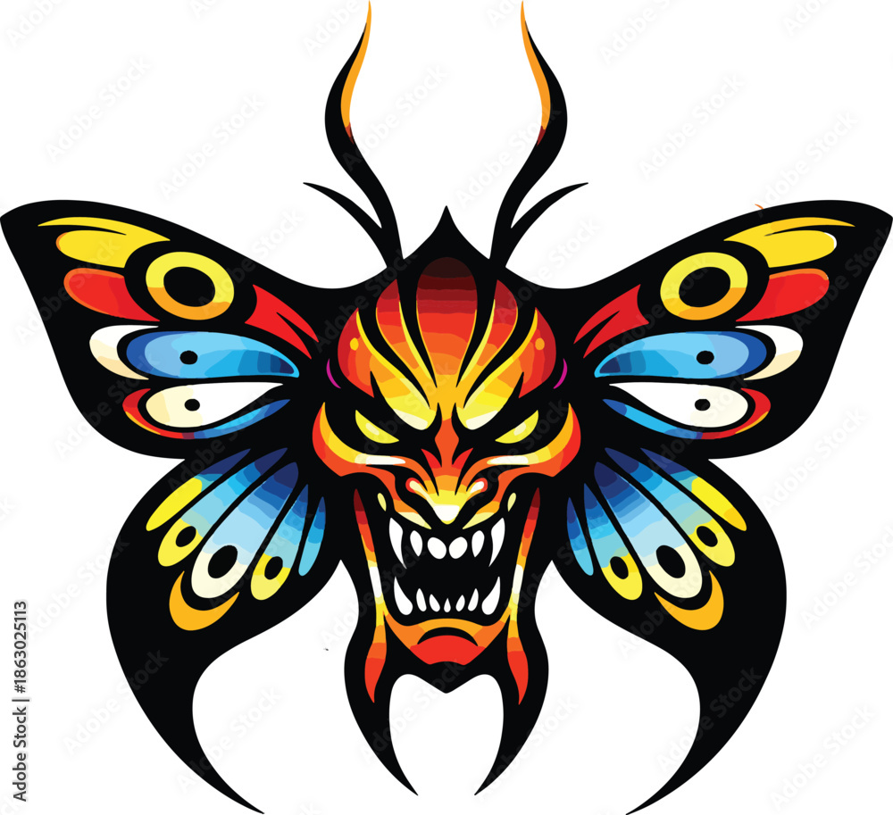 Fototapeta premium Fierce Demon Butterfly Mask Illustration with Colorful Tribal Wings