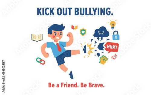 Boy kicking out bullying with brave empowerment