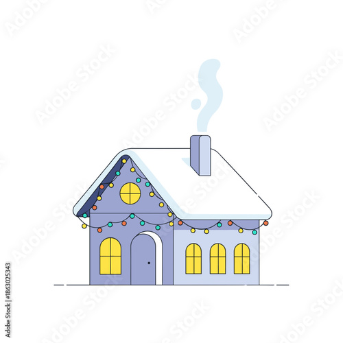 Cozy cabin with Christmas lights and smoke coming from chimney  
