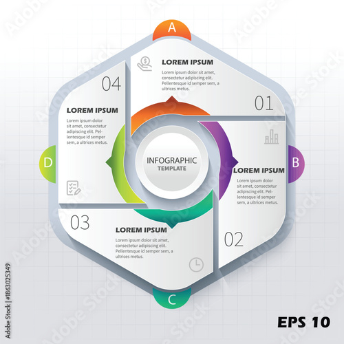 Hexagonal Business Cycle Infographic Template. 4-Step Circular Process Diagram with Pinwheel Flow, Lettered Labels A-D, and Numbered Options. Professional Vector for Strategic Growth
