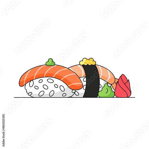 Sushi nigiri and maki rolls with colorful toppings displayed  