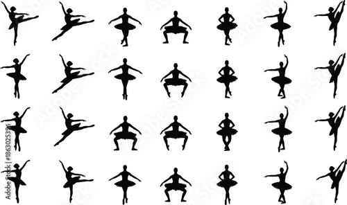 Ballet dancer silhouettes grid in classical poses, elegant jumps, turns, and pliés, professional dance movement collection isolated on white backgroundWeb