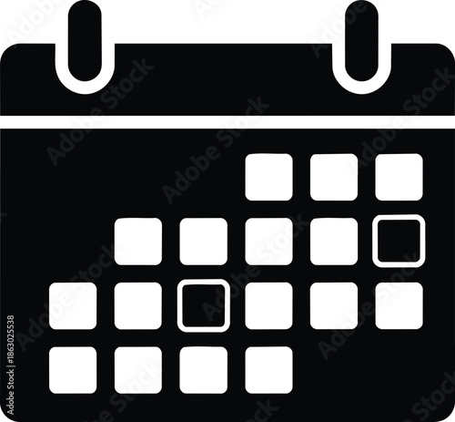 Black and white calendar icon with highlighted dates representing scheduling and time management.