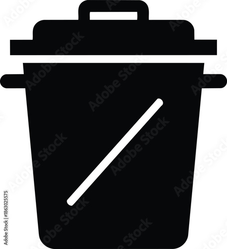 Black and white graphic illustration of a trash can with a lid and handle.