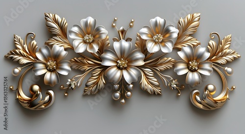 Silver and Gold Floral Ornament with Pearls and Gems Photo