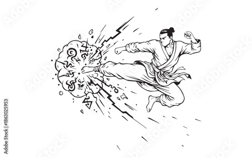 Martial arts master executing powerful kick with explosive effect