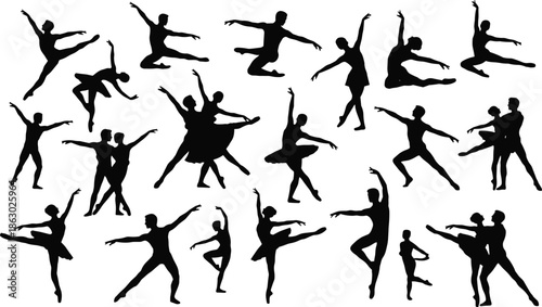 Ballet dancer silhouettes set with multiple dynamic poses, classical and contemporary dance movements illustration isolated on white backgroundWeb