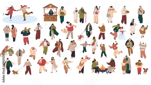 Tiny people walking outdoors on winter holiday. Christmas characters on street, men and women with gifts, shopping bags, Xmas trees, dogs, kids. Flat vector illustrations isolated on white background