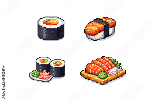Pixel art sushi and sashimi icons for digital design and gaming applications