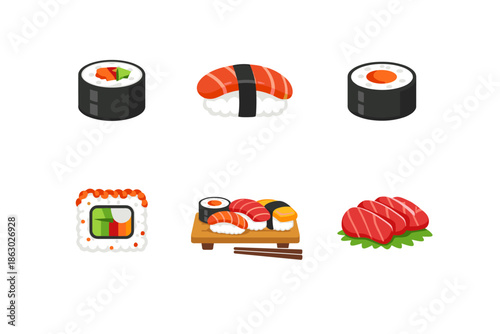 Collection of delicious sushi and sashimi dishes, presented in a clean, modern style
