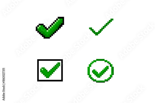 Collection of pixel art green checkmarks in various styles and contexts