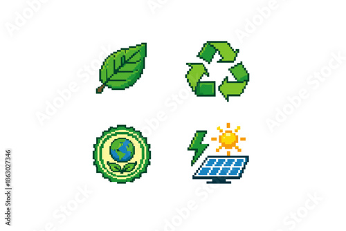 Pixel art icons representing environmental sustainability and renewable energy sources