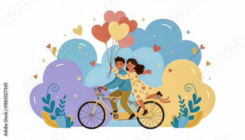 Couple rides bicycle together while holding balloons in a colorful background with hearts and flowers