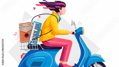 Young woman riding blue scooter with musical instruments in basket