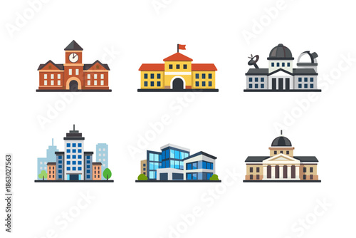 Collection of diverse flat design building icons representing various institutions and structures