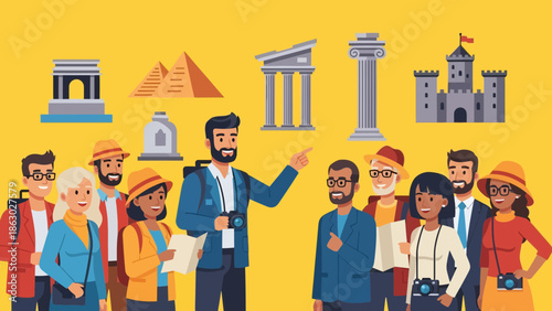 Diverse group of tourists exploring famous landmarks and monuments