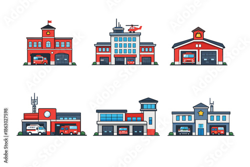 Collection of diverse fire station buildings with emergency vehicles and helicopters