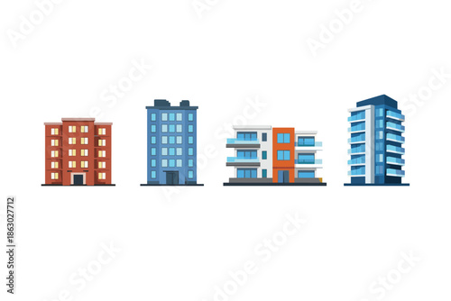 Collection of modern apartment buildings and residential complexes in flat design style