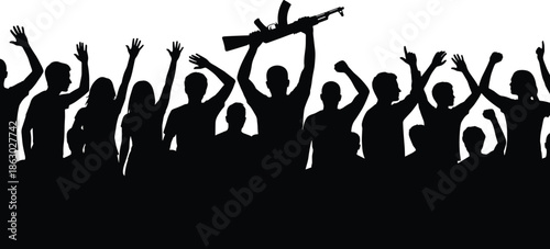 Crowd protest silhouettes with raised hands and weapon symbol, dramatic social unrest and conflict concept illustration isolated on white backgroundWeb