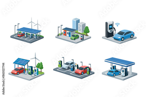 Electric vehicle charging stations in various urban and suburban settings with renewable energy sources