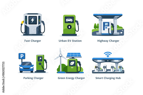 Collection of electric vehicle charging stations and infrastructure icons