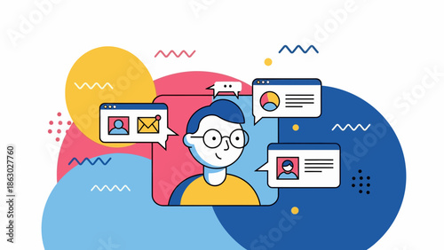 Man engaging with digital communication and data visualization tools online