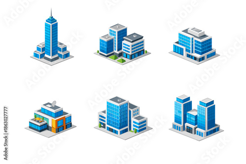 Collection of isometric modern buildings and skyscrapers in blue and white