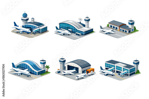Collection of isometric airport buildings with airplanes and control towers
