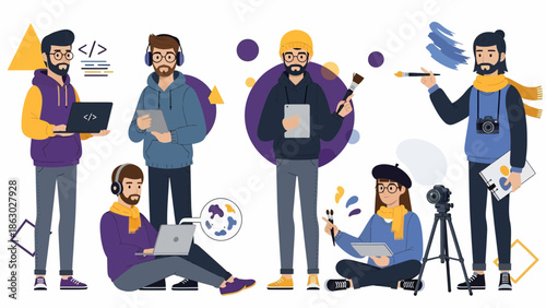 Creative professionals working together on various projects with laptops and art supplies