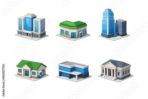 Collection of diverse isometric buildings for urban planning and city simulation games