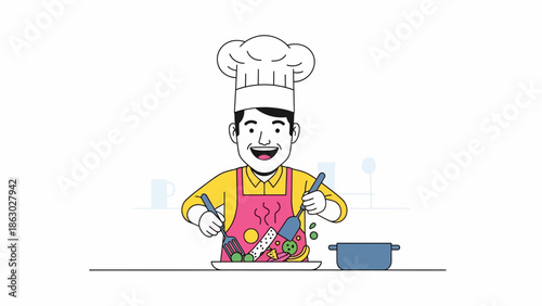 Happy chef preparing a meal with a spatula and fork in a modern kitchen