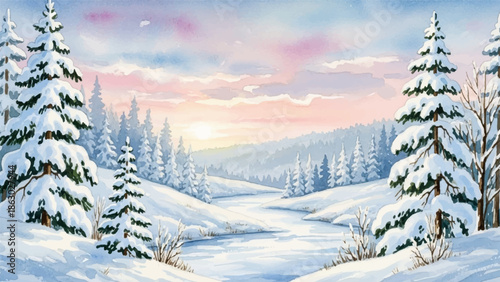 Exquisite watercolor illustration of a beautiful winter scene, a serene vector landscape bathed in soft sunlight and snow