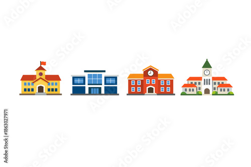 Collection of diverse educational building illustrations on a white background