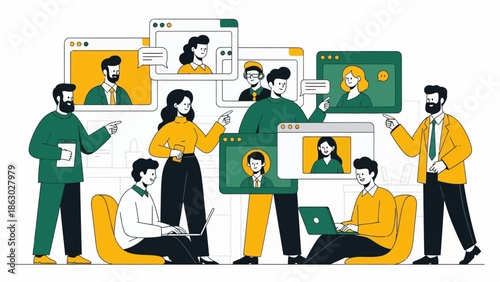 Diverse team engaging in virtual meeting with video calls on multiple screens