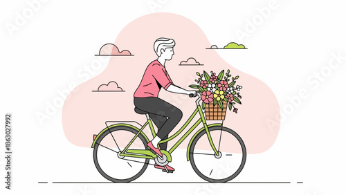 Young man riding bicycle with colorful flowers in basket on sunny day